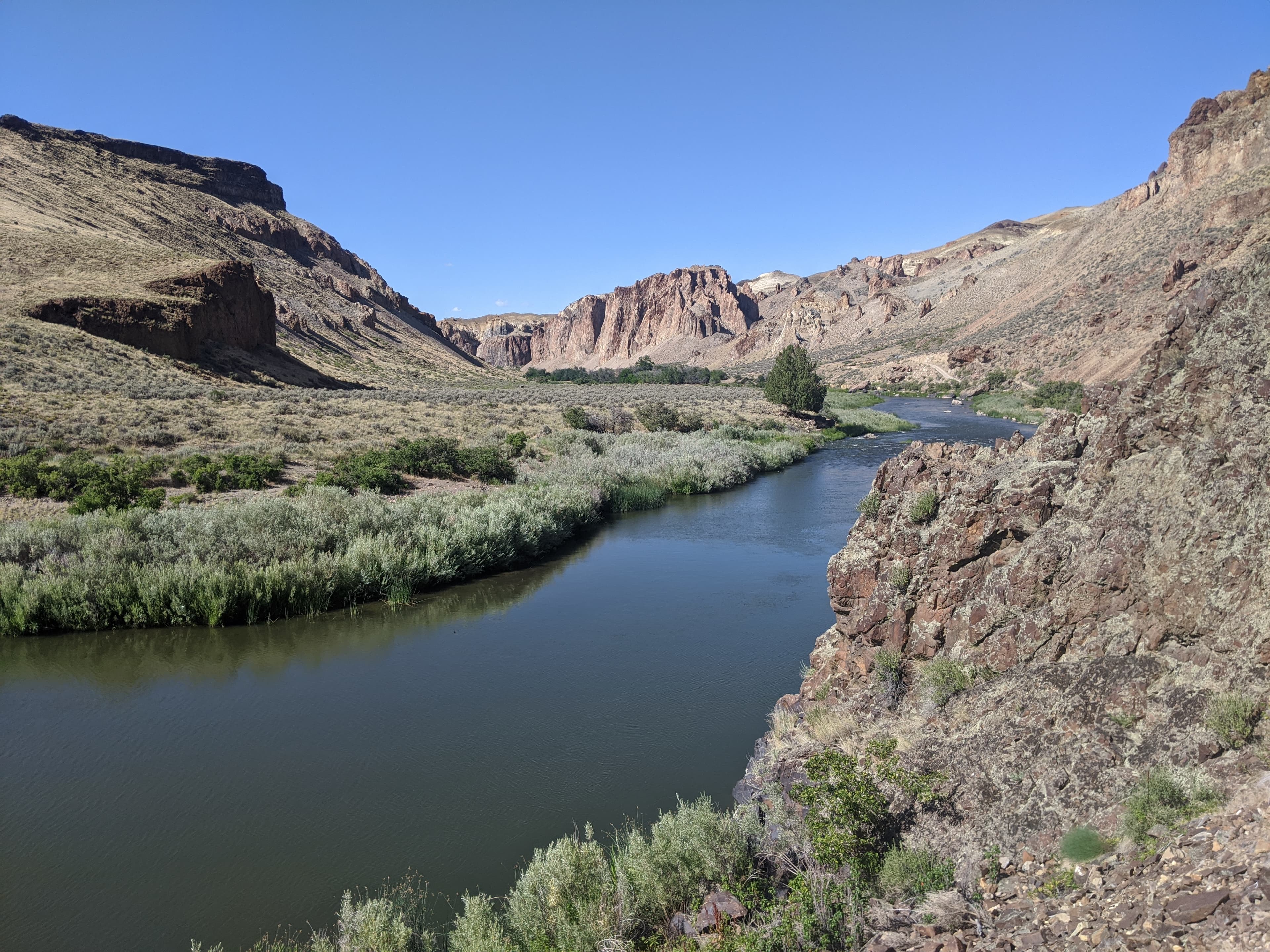 A river winding through a rocky Oregon canyon under a clear blue sky